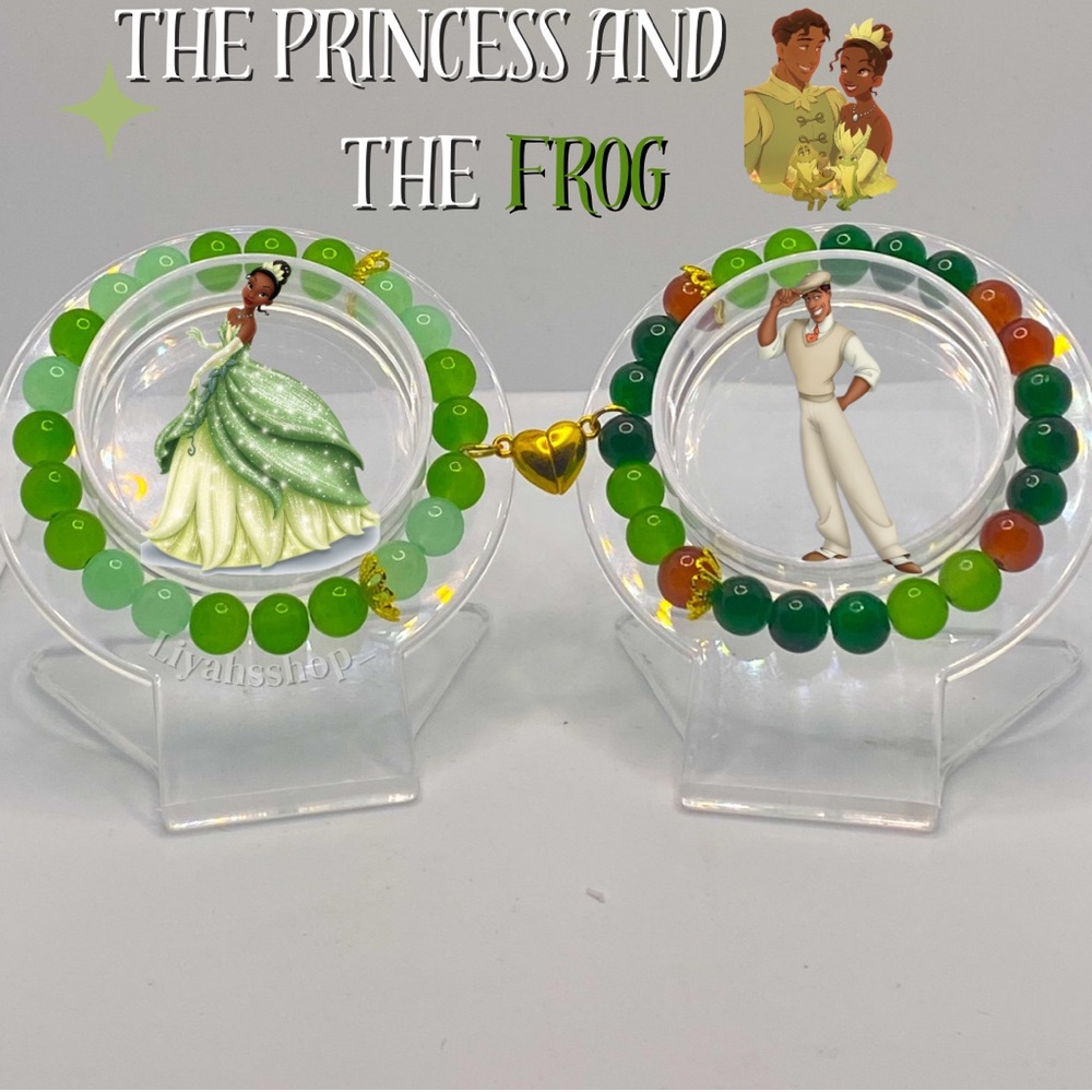 Matching Tiana and Naveen bracelets with connecting heart magnet